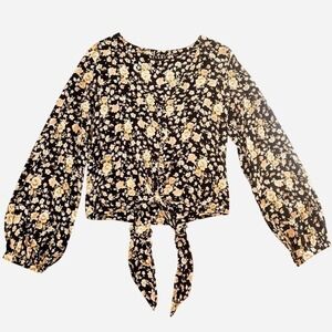 Kivari black and pink floral print tie-front V-neck top with boat sleeves